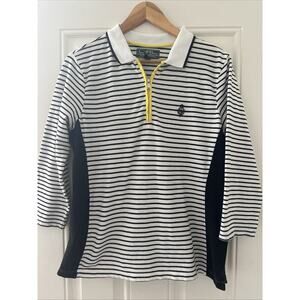 Lauren Ralph Active Blue White Striped Polo Shirt 3/4 Sleeves Womens L Preppy